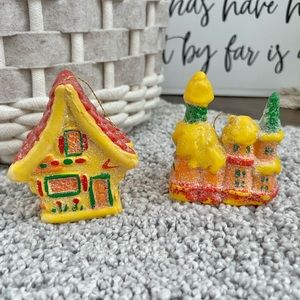 Vintage Pair of Plastic Blow Mold Christmas Tree Ornaments 4” Houses HTF